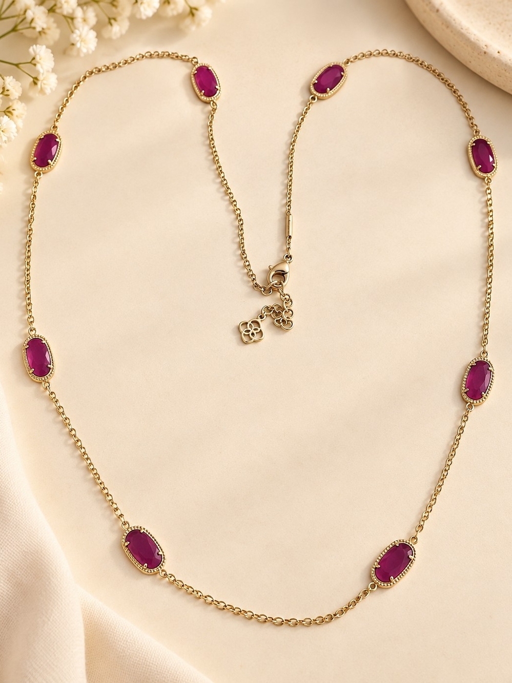 Kendra Scott Gold Necklace with Fuchsia Oval Stones